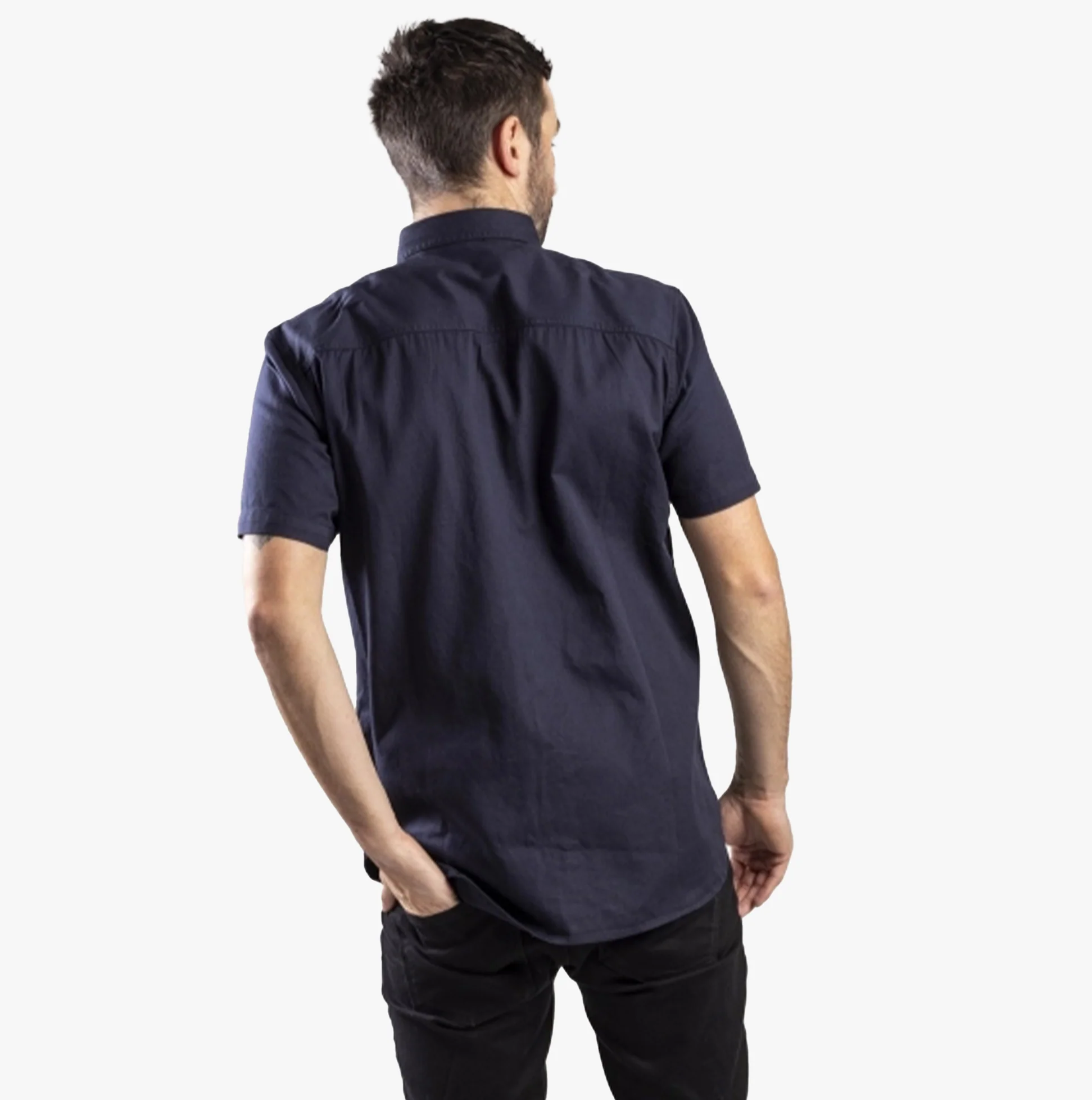 CAT BUTTON UP Mens Cotton Twill Short Sleeve Shirt Navy - Image 3